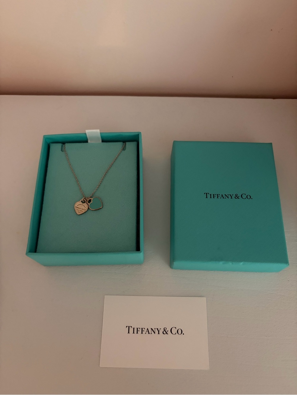Tiffany & Co. Silver Heart Tag Necklace with Open Heart Charm - Robin's Egg Blue